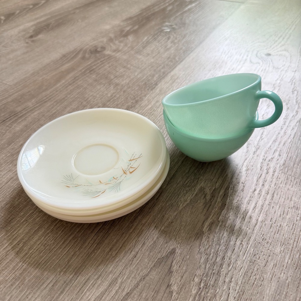 Vintage Pyrex Family Flair Aqua Cups and Pine Needle Saucers Set of 6